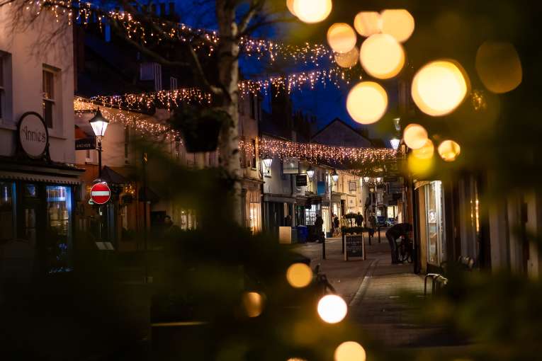 Sidmouth High Street with Christmas Decorations on 