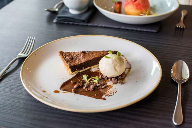 Park Hotel Restaurant Dining Chocolate Tart with Honeycomb Ice Cream Dessert