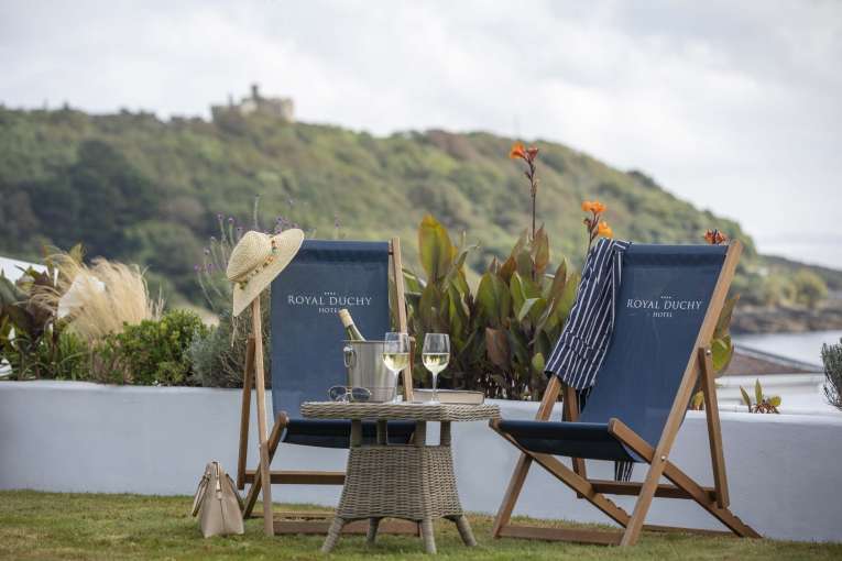 Royal Duchy Hotel View to Pendennis with Deck Chairs and Wine