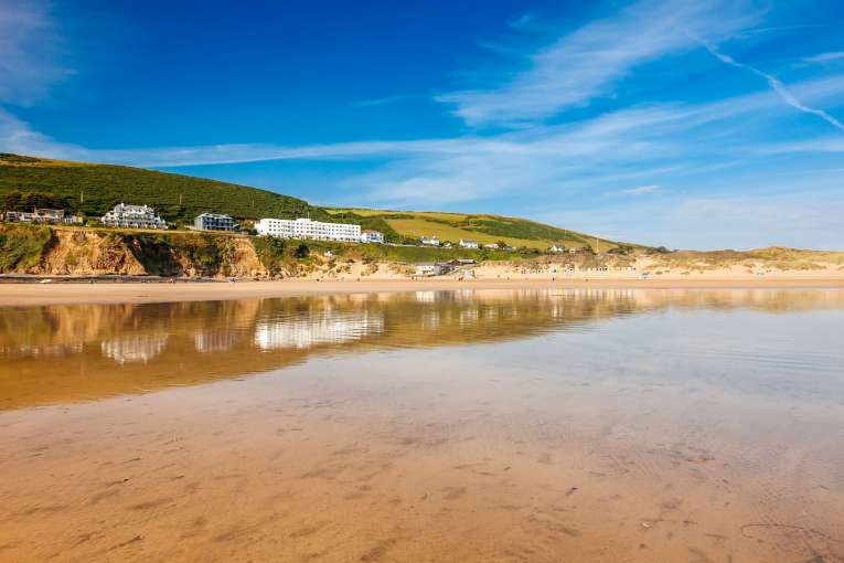 saunton sands hotel ariel shot from beach day time