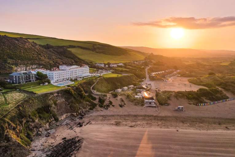saunton sands hotel ariel shot from sea sunrise