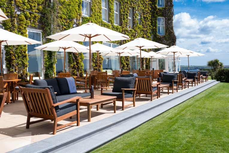The outdoor terrace at the Carlyon Bay Hotel